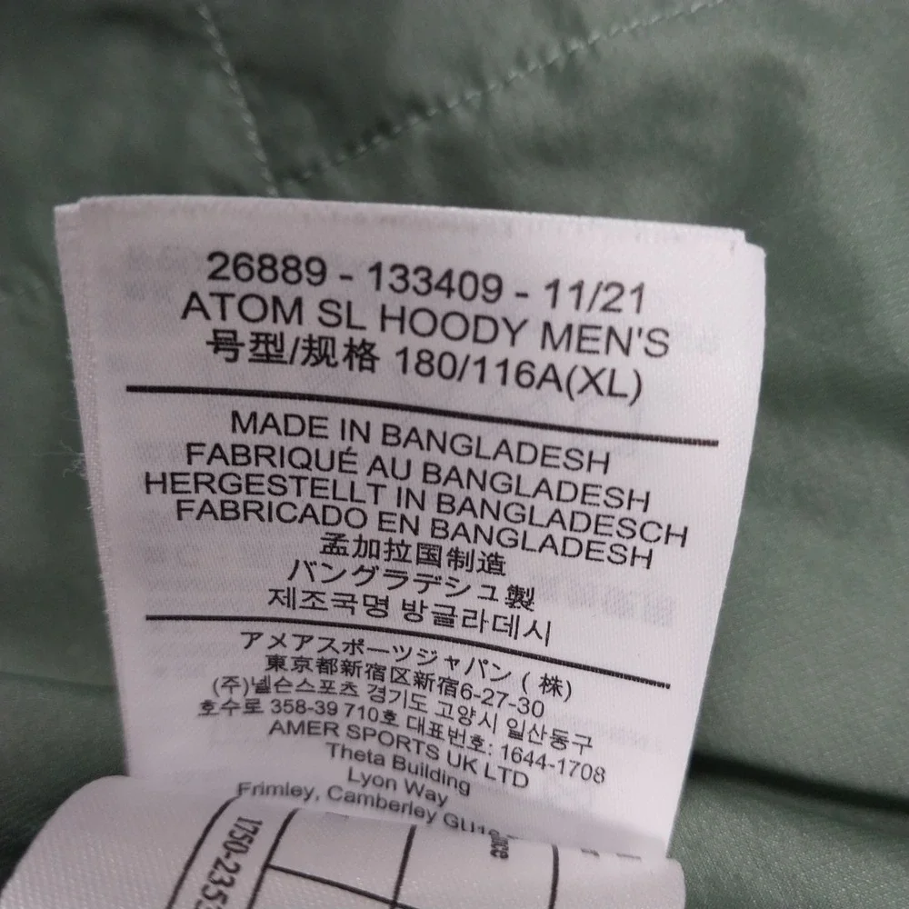 Arc'teryx Jacket Mens XL Green Atom SL Hoody Insulated Hiking Windbreaker 26889